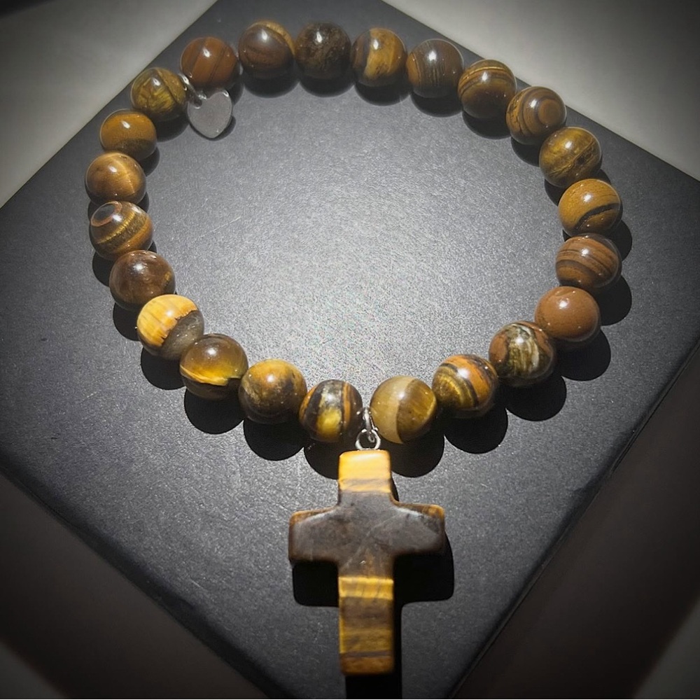 NEW Natural Stone Tigers Eye Bead Bracelet w Cross Pendant - Picture 1 of 3